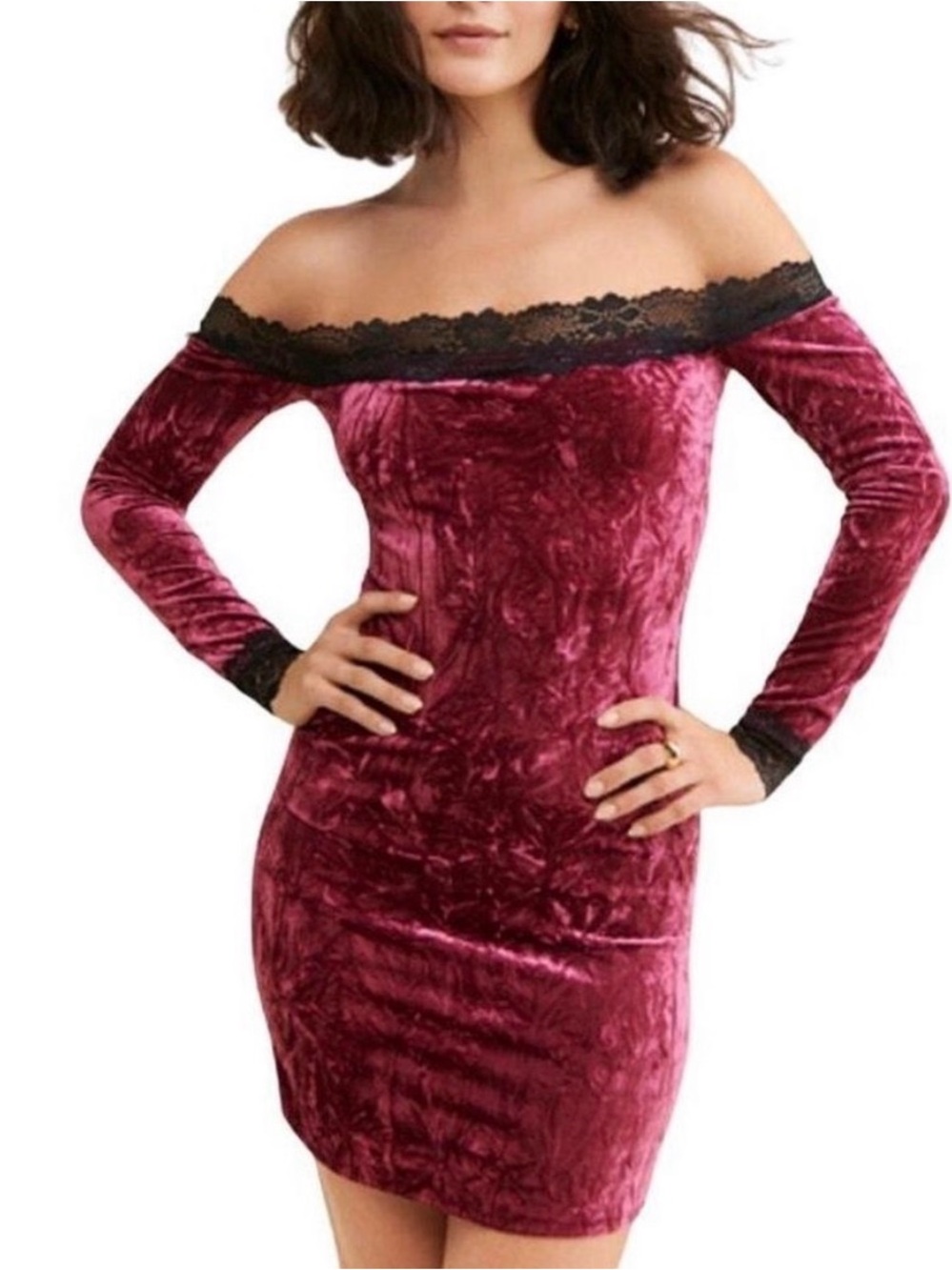 Urban Outfitters Off-Shoulder Burgundy Velvet Bodycon Dress with Lace Trim